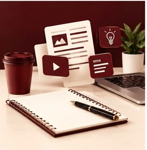 content marketing illustration with articles, video and ideas on a desk with a notebook.