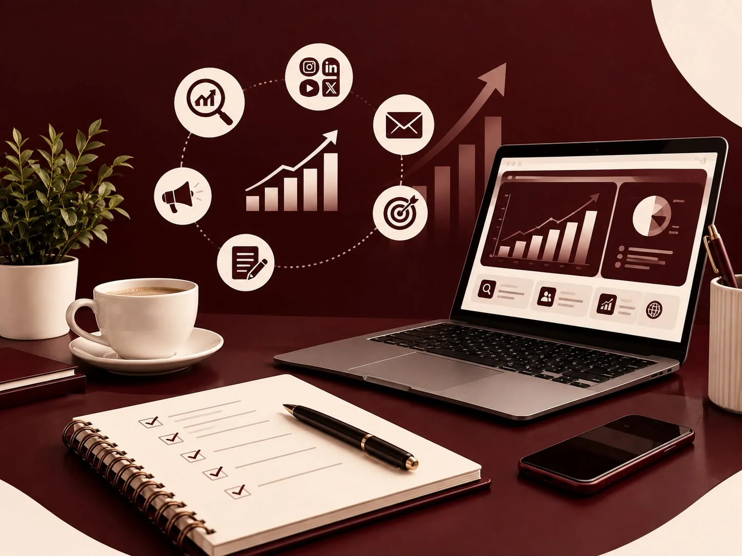 Notebook and laptop on a desk showing Digital marketing Trends in2026