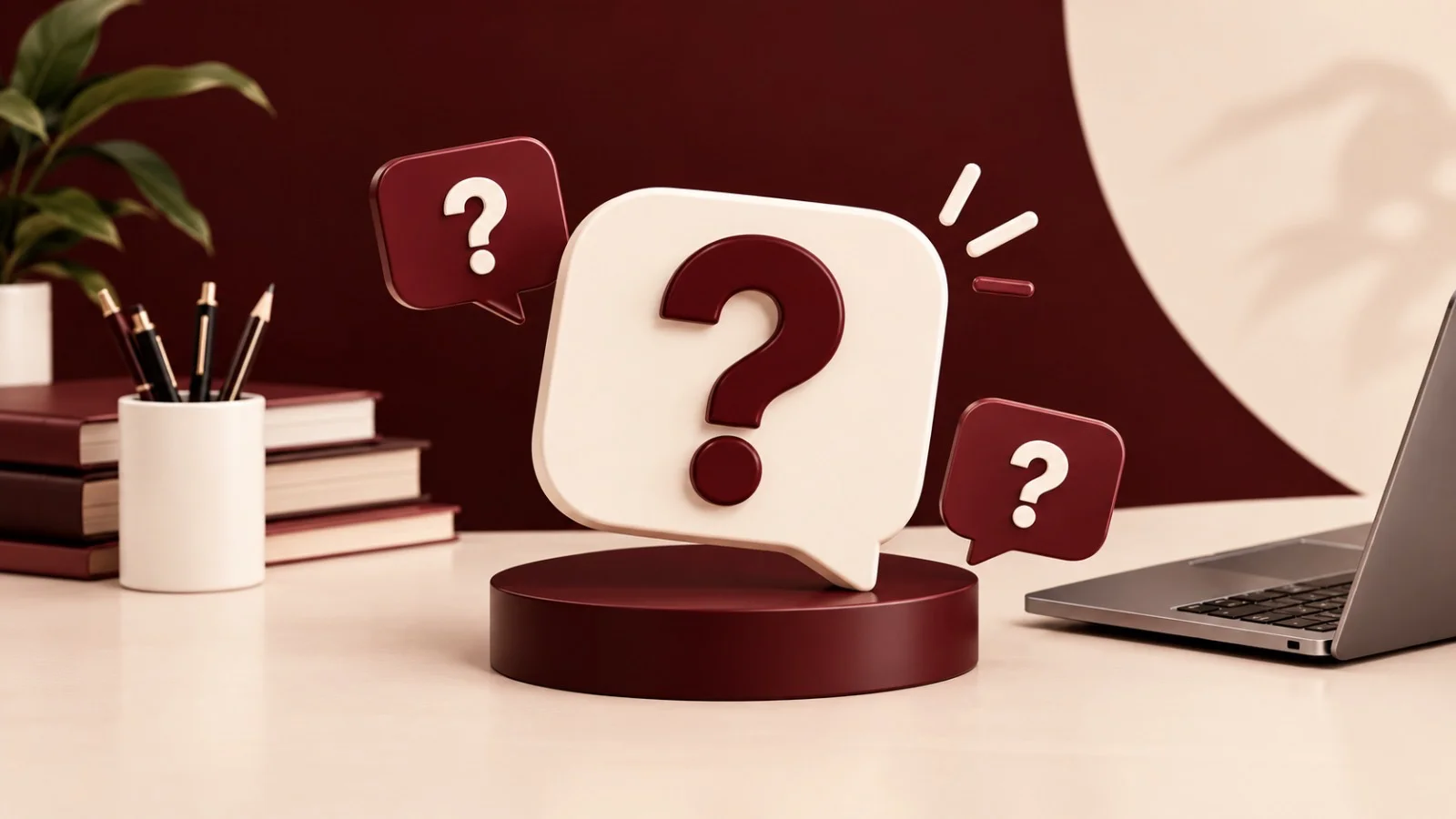 Frequently asked questions about digital marketing services in Dubai, question mark speech bubble on a desk