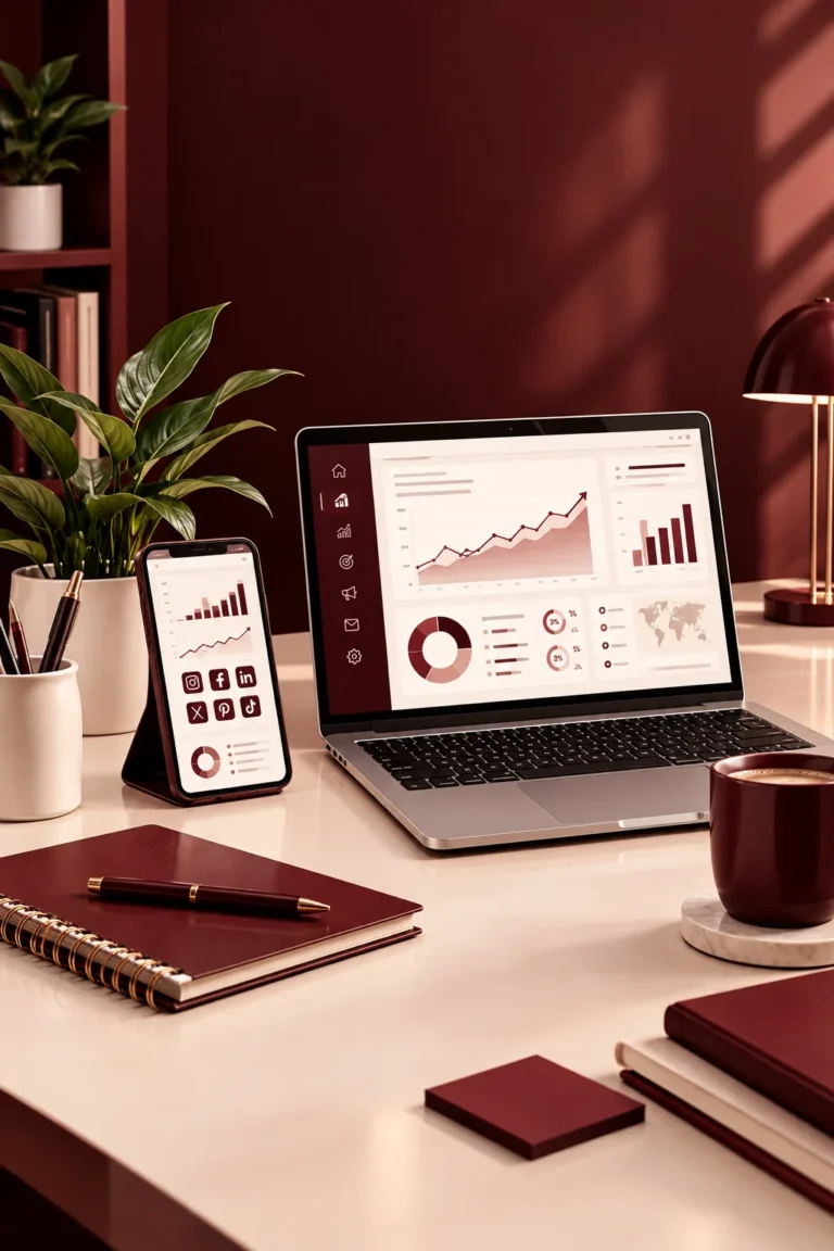 Digital marketing services in Dubai, laptop and phone with analytics dashboard on a desk