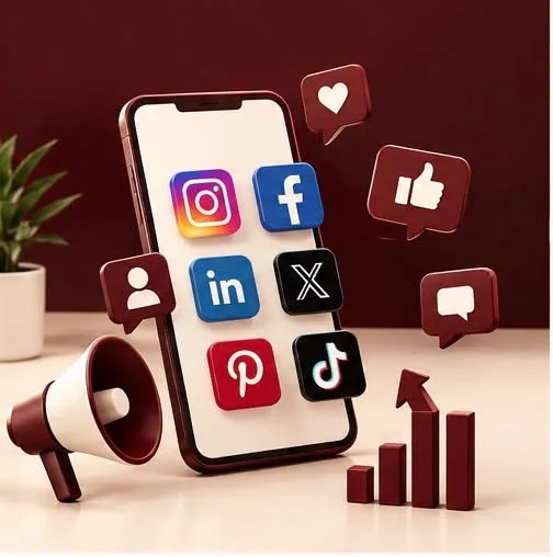 Performance Marketing illustration with a phone, social media icons, megaphone and growth chart