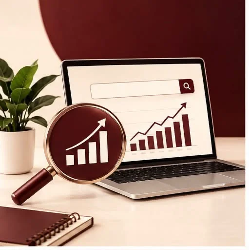 SEO Expert In dubai, search analytics illustration with magnifying glass and growth chart.