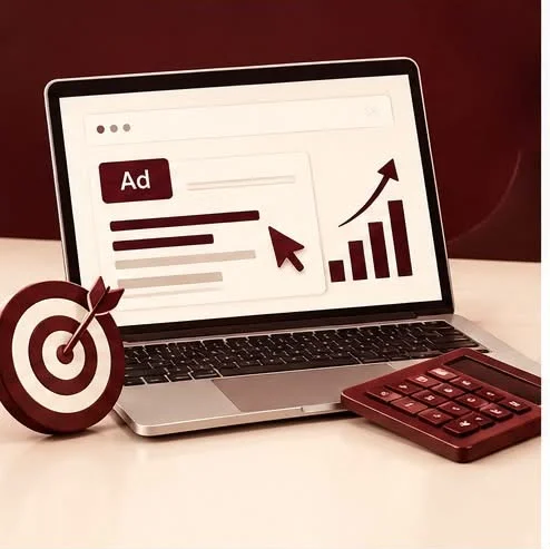 social media marketing services dubai, laptop showing an ad, growth chart and target