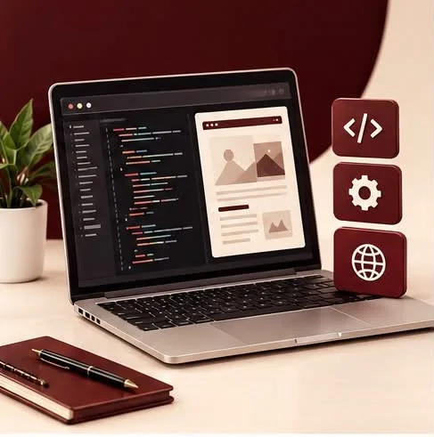 website development Website development services in dubai, laptop showing code and a website layout