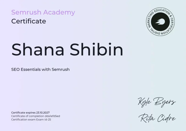 Semrush Academy SEO Essentials certificate awarded to Shana Shibin