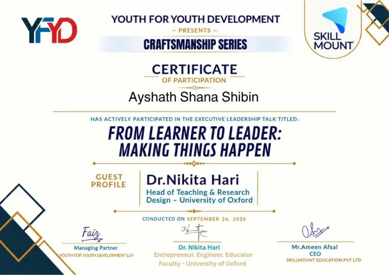 From Learners to Leaders" from Youth for Youth Development (YFYD), awarded to Shana Shibin, digital marketing specialist in Dubai